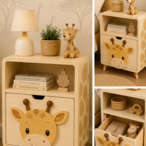 Gigi Giraffe children’s nightstand with open shelf and drawer, shown in a warm safari bedroom