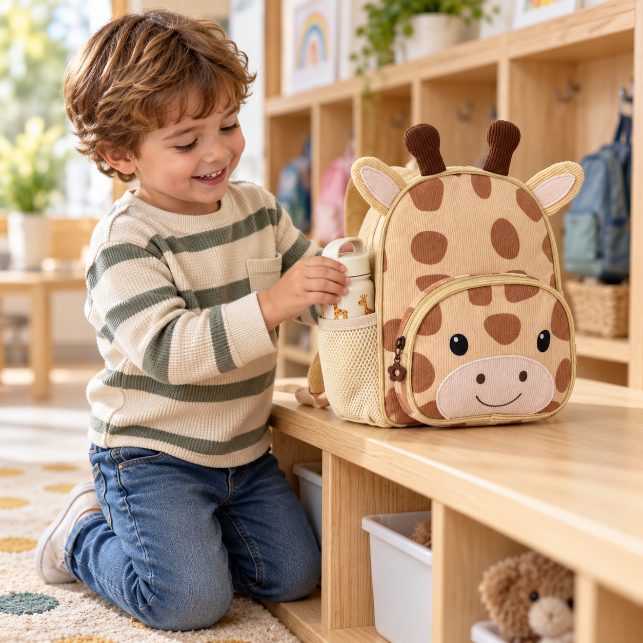 Child placing a bottle in the side pocket