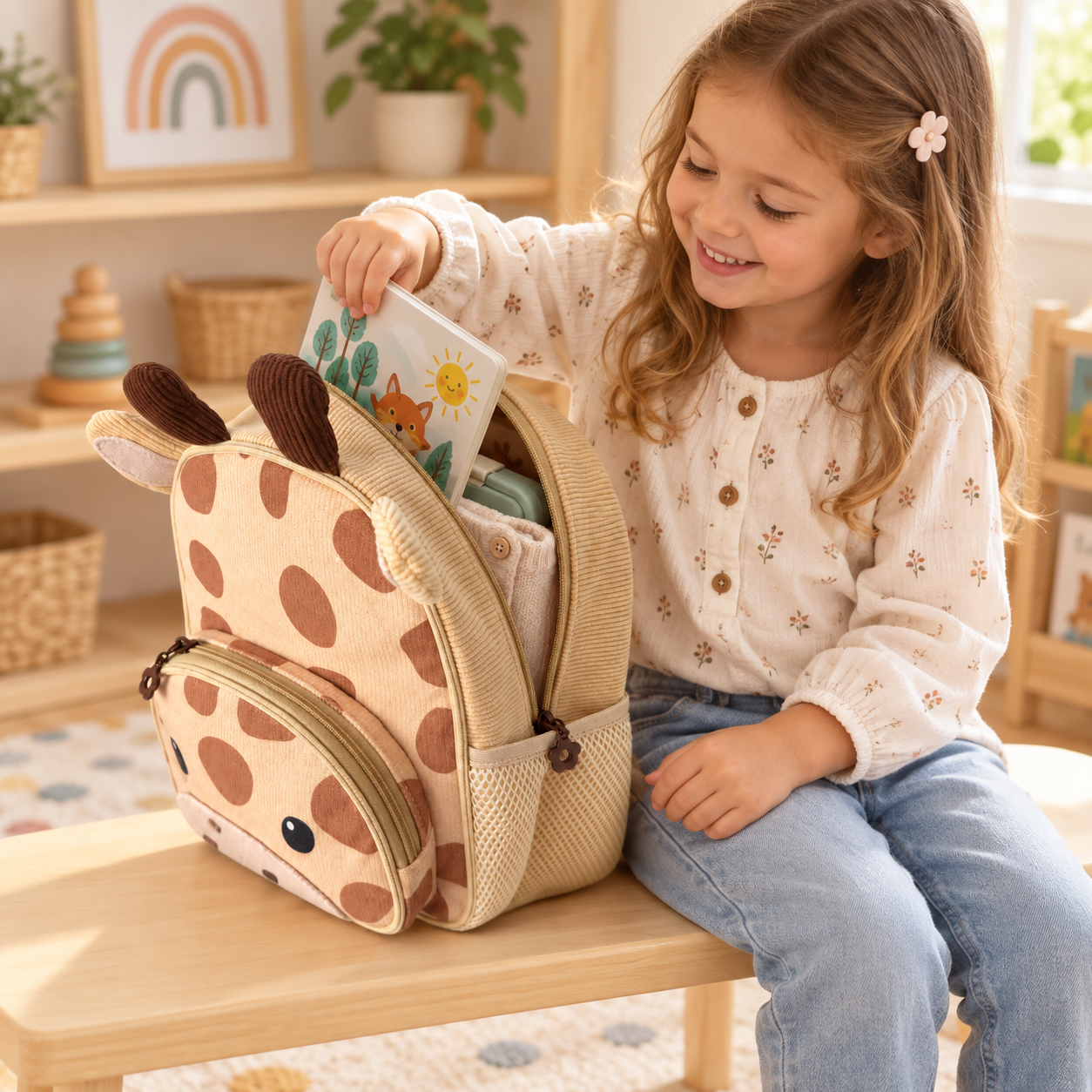 Child packing the Béa giraffe backpack