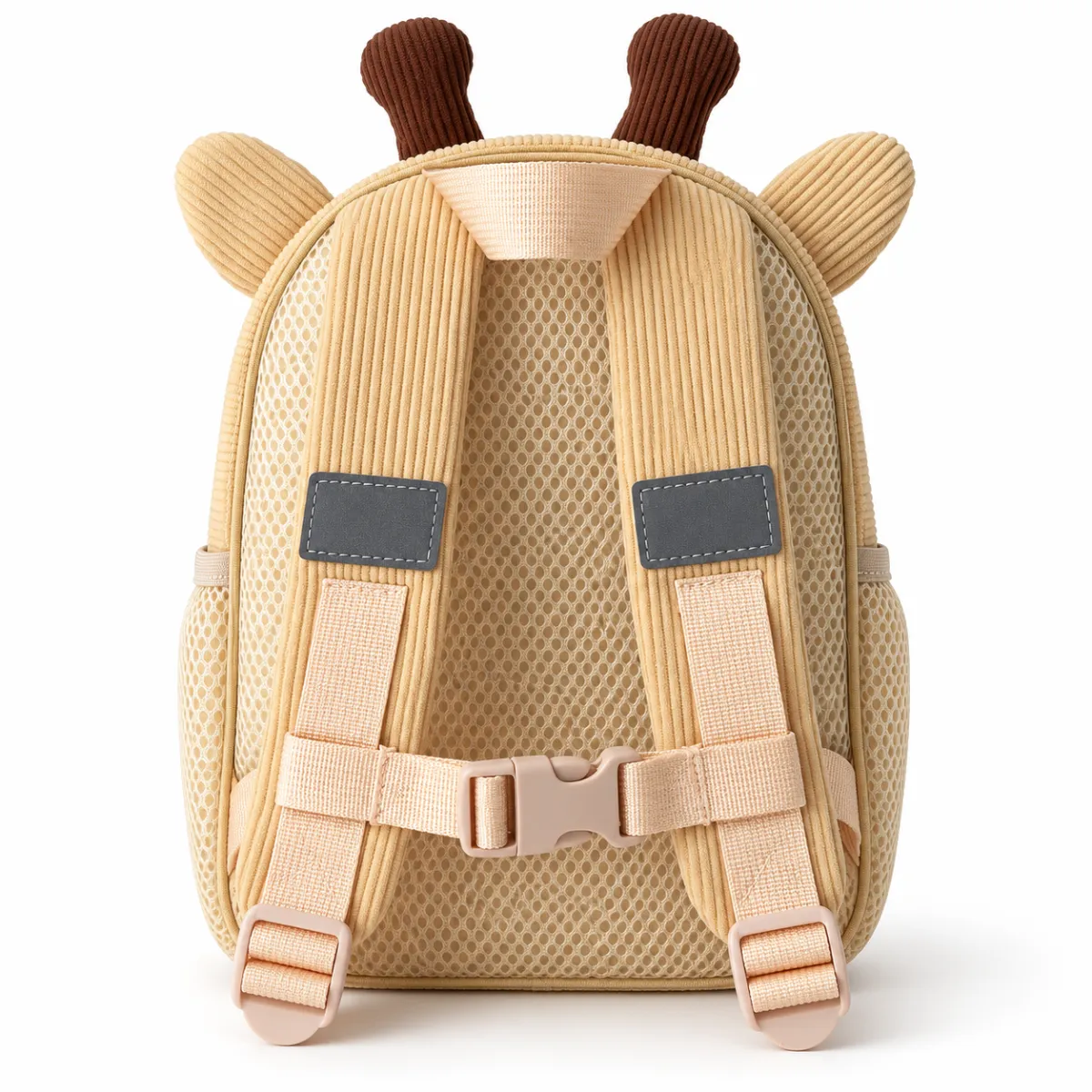 Back view showing padded adjustable straps, chest buckle, reflective patches and mesh back panel