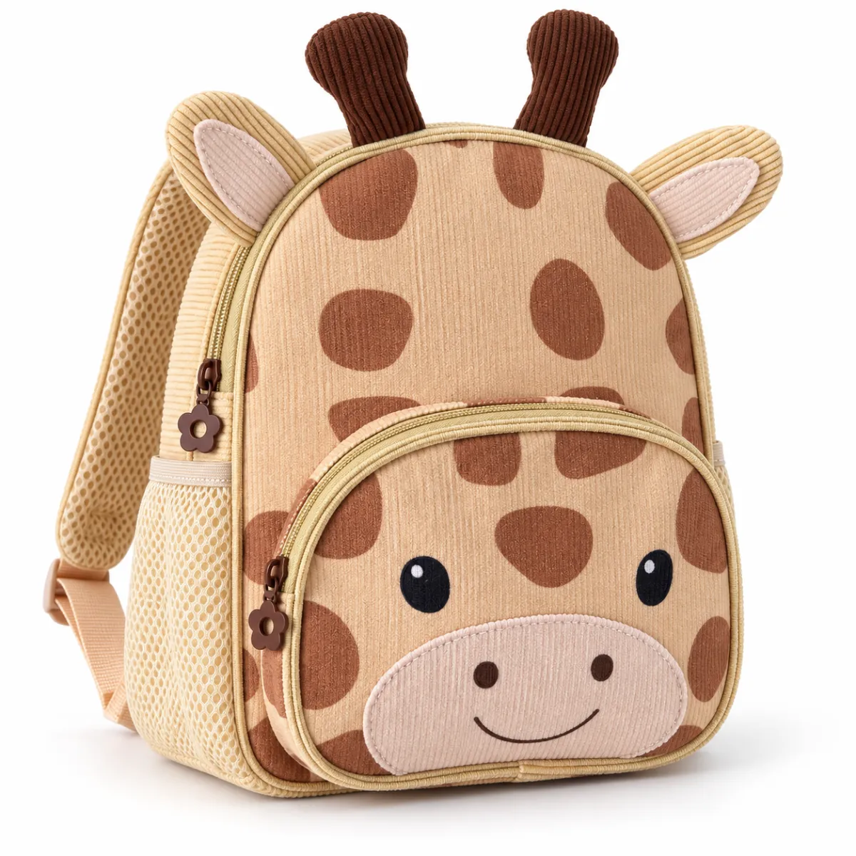 Front view of the Béa giraffe backpack in tan corduroy