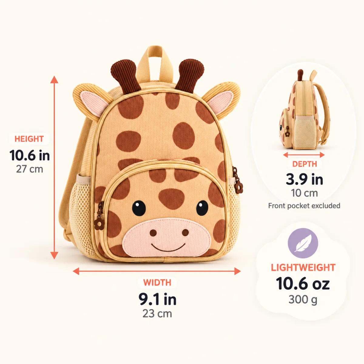 Béa backpack dimensions: 10.6 inches high, 9.1 inches wide, 3.9 inches deep, 10.6 ounces