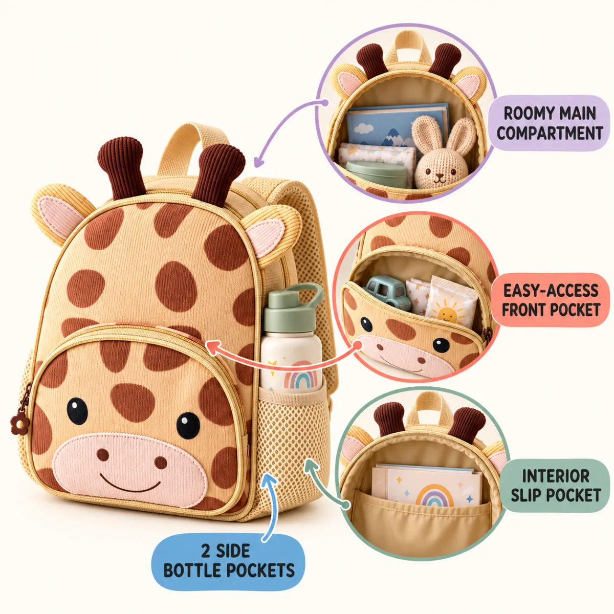 Storage details: roomy main compartment, front pocket, interior slip pocket and two side bottle pockets