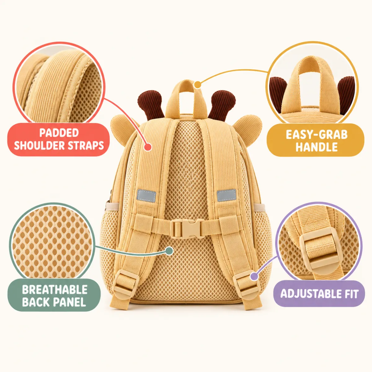 Comfort details: padded shoulder straps, easy-grab handle, breathable back panel and adjustable fit