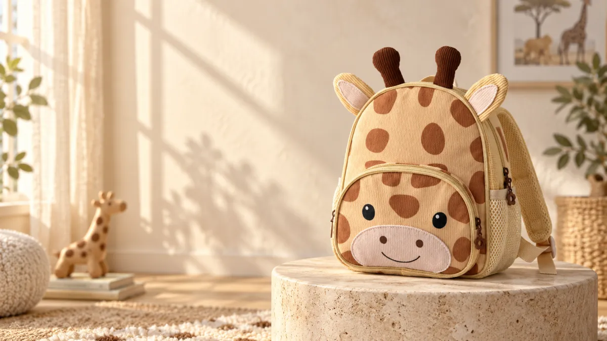 The Béa giraffe backpack sitting in a sunny child's bedroom