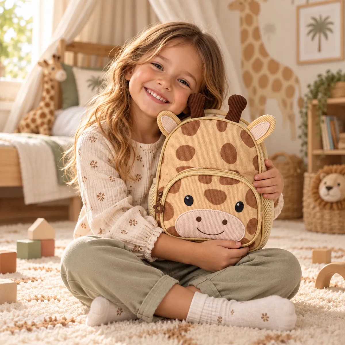 Child hugging the Béa giraffe backpack in the ELOUMI universe